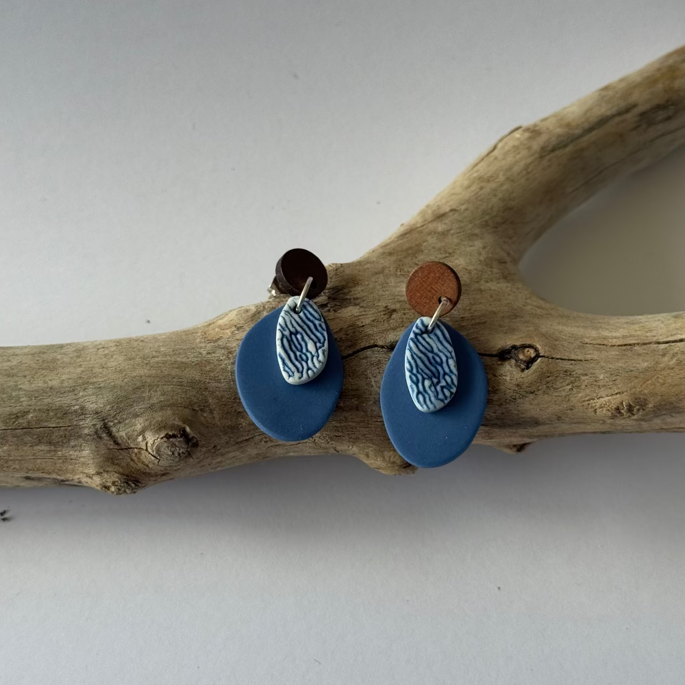 Blue and white porcelain coral textured dangle earrings — handmade on Phillip Island, Australia. Each pair is unique and ocean-inspired.