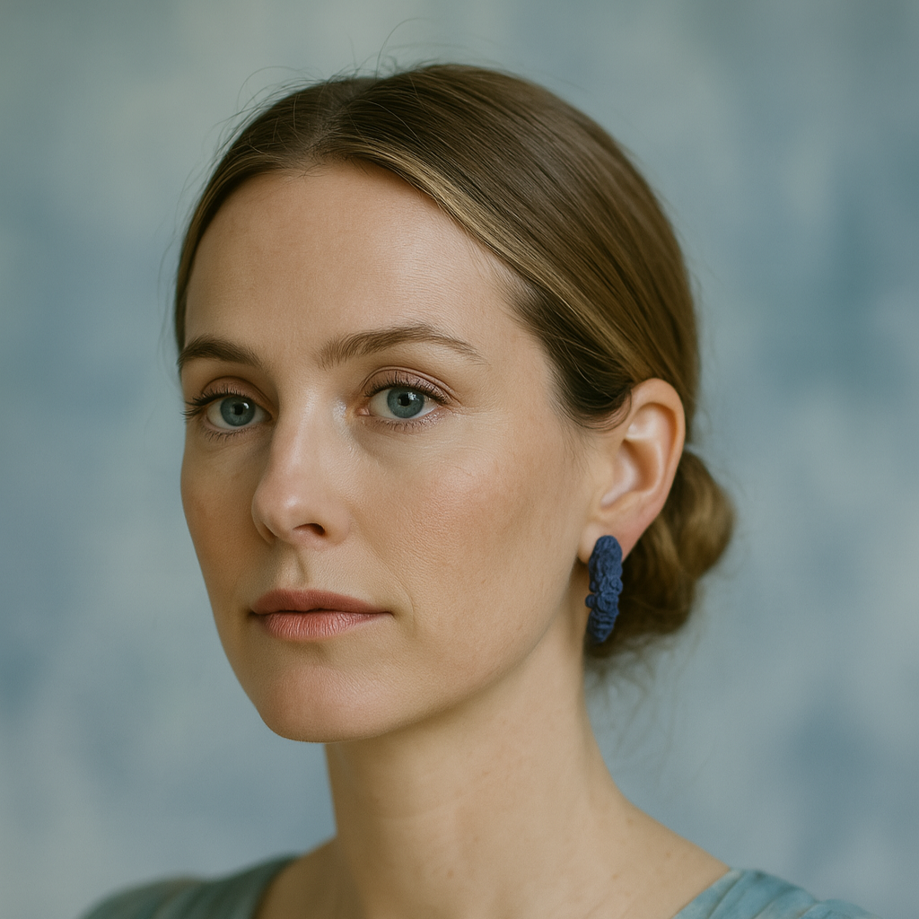 Pair of deep cobalt blue porcelain coral earrings on a model in formal wear.