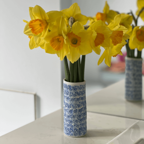 porcelain vase, coral texture, handmade ceramic vase. blue and white porcelain vase.