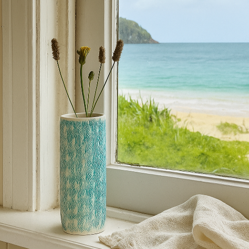 Porcelain vase, Teal and white porcelain vase, ceramic vase, handmade vase.