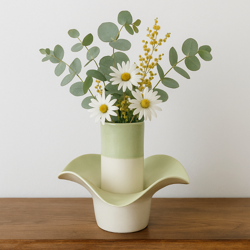 Porcelain Flower Vase and Tealight Candle Soft Green Hue