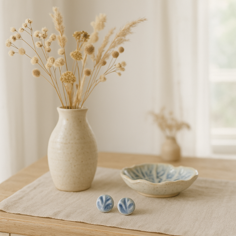 A pair of round porcelain stud earrings with coral-molded texture, blue wash, and clear glaze.