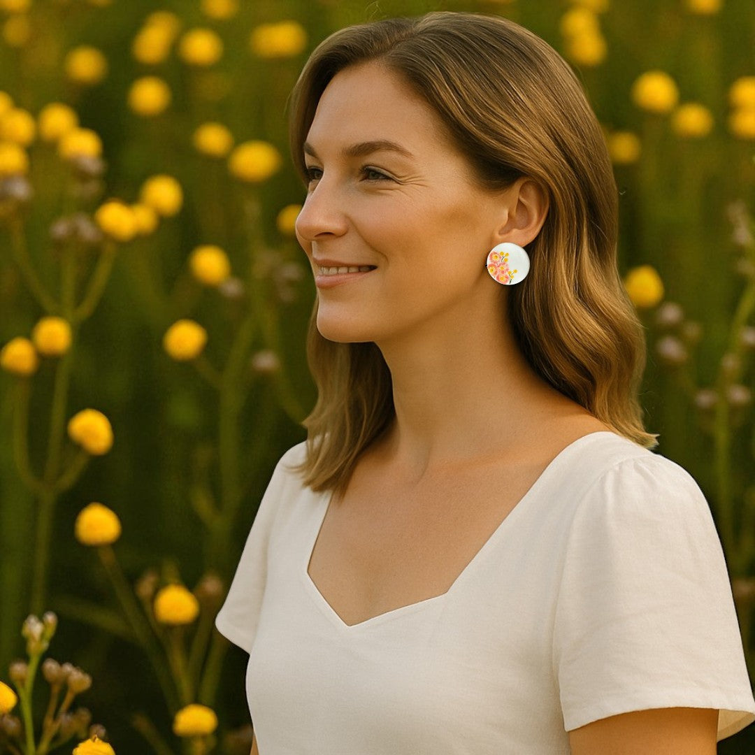 Porcelain stud earrings hand-painted with pink paper daisies and yellow billy buttons, displayed on model