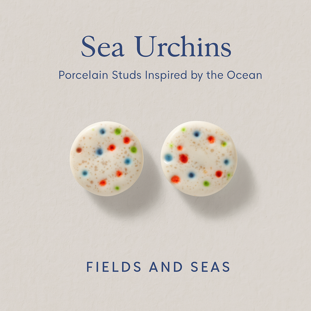 Close-up of handcrafted porcelain stud earrings with sea urchin pattern, 1.5 cm in size, light and durable, inspired by coastal textures