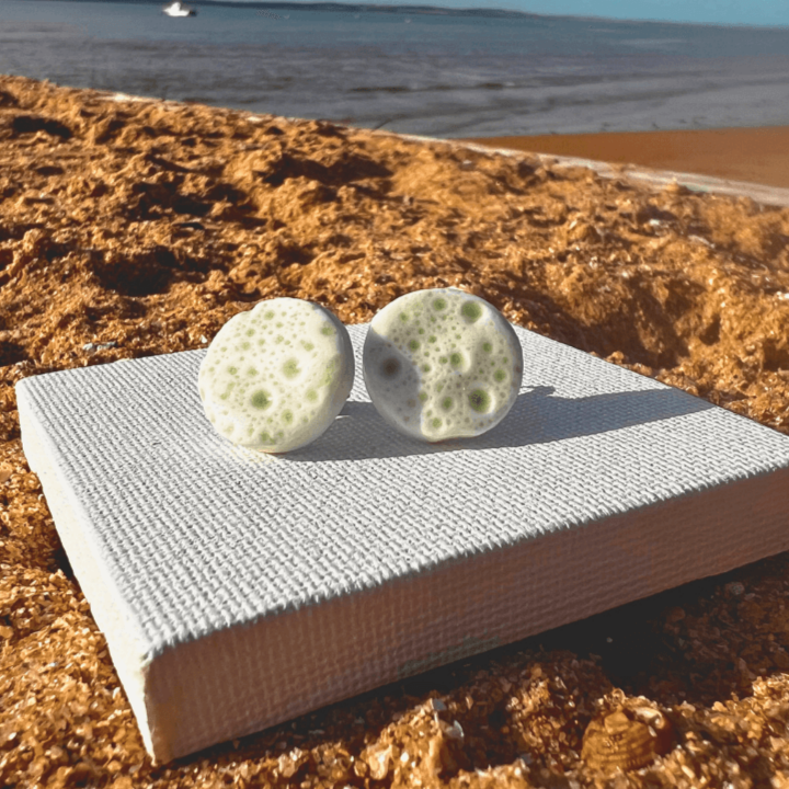 Close-up of handcrafted porcelain stud earrings with sea urchin pattern, 1.5 cm in size, light and durable, inspired by coastal textures