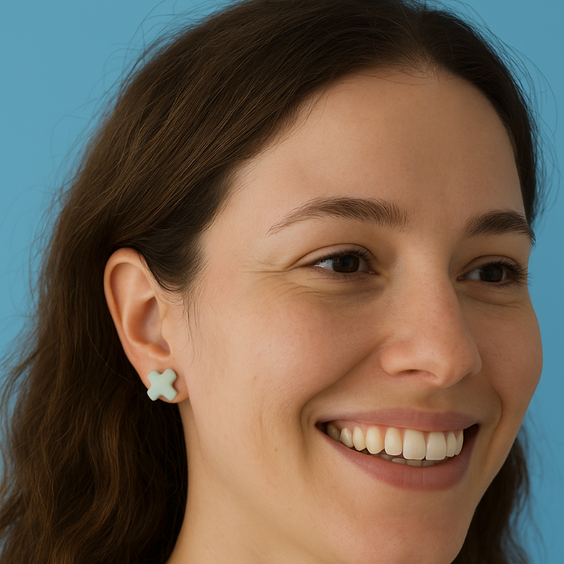 Woman smiling, wearing minimalist lagoon porcelain turquoise cross studs