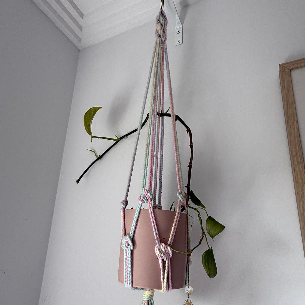 Handmade ceramic planter with macramé hanger created at Fields and Seas clay workshop in Ventnor, Phillip Island