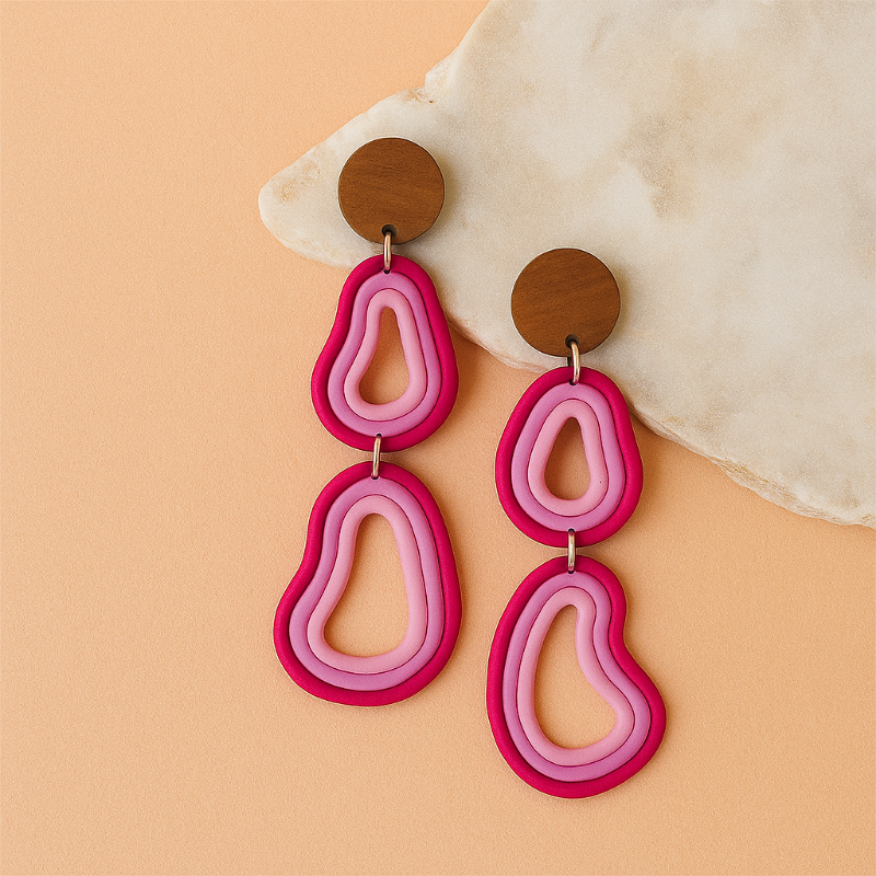 pink organic earrings, pink earrings, pink dangles, dangle earrings. Polymer clay earrings. Polymer clay dangle earrings.