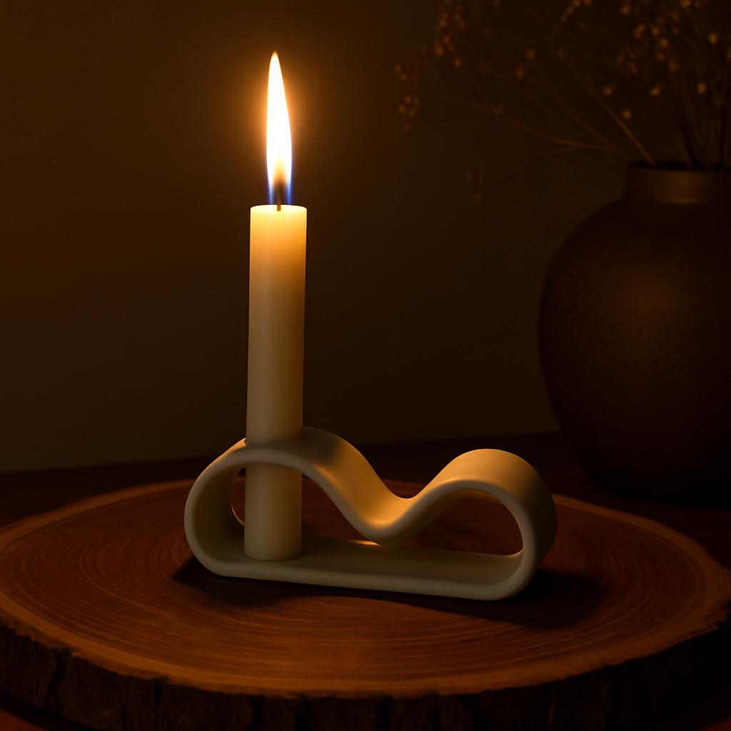 Porcelain candle holder with a glowing taper candle, resting on a tree slab with warm evening lighting and dried flowers in the background.