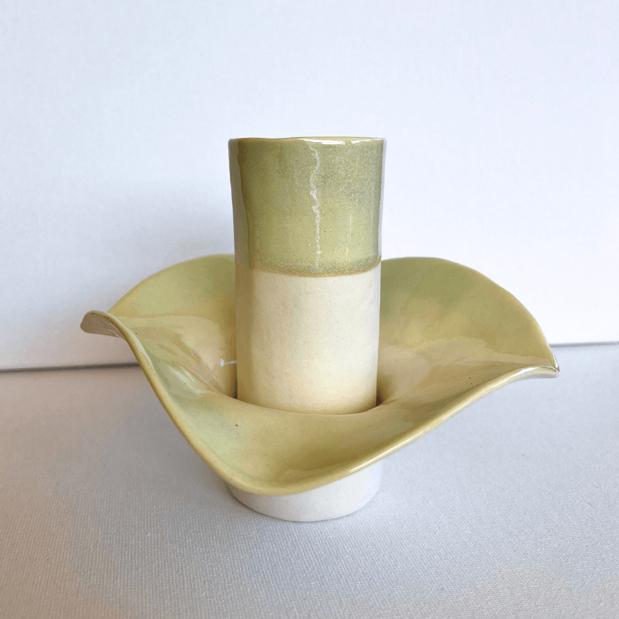 Porcelain vase and tealight candle. Sage green porcelain vase and tealight candle.