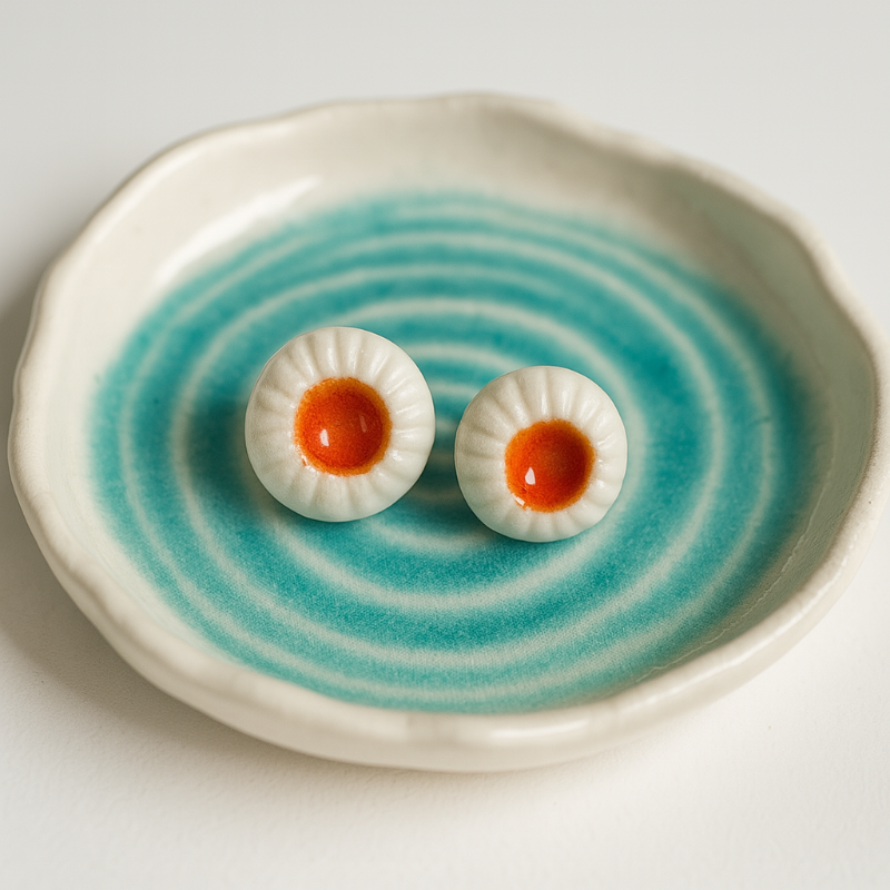 Pair of handmade porcelain earrings shaped like sea anemones, featuring white rippled edges and a bold orange center.