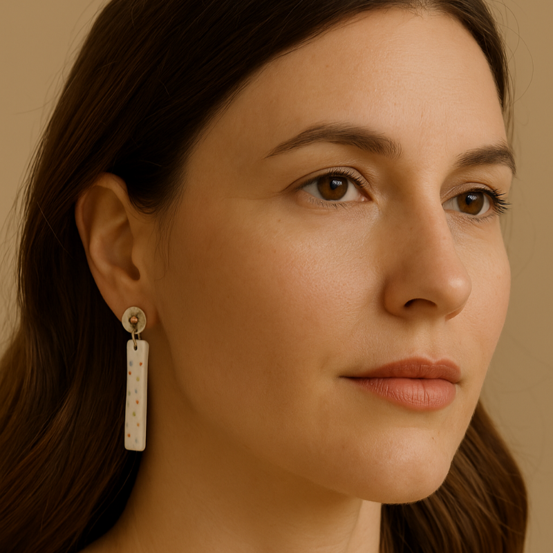Pair of handmade porcelain earrings with subtle multicolour dots and sterling silver and copper beaten stud tops, photographed on a model.