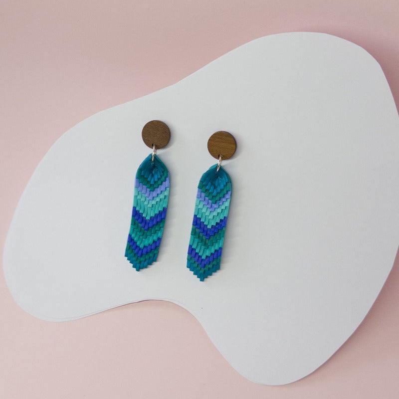 Handmade polymer clay chevron dangle earrings in blue and green with wooden stud