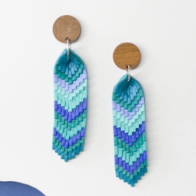 Handmade polymer clay chevron dangle earrings in blue and green with wooden stud