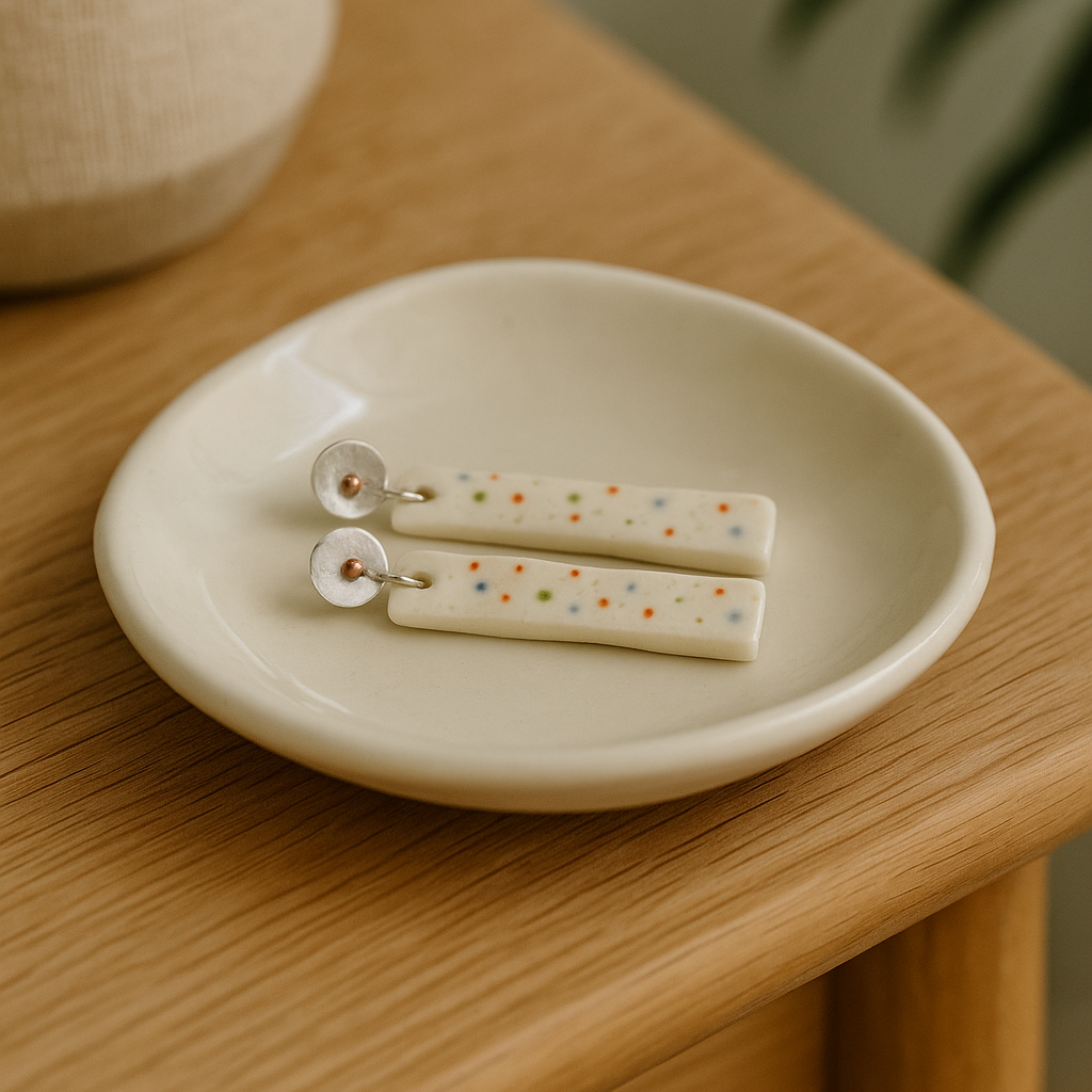 Handmade porcelain earrings with a sea urchin-inspired polka dot texture and beaten sterling silver and copper tops. Lightweight, coastal-inspired, and one of a kind. Designed in our island studio.