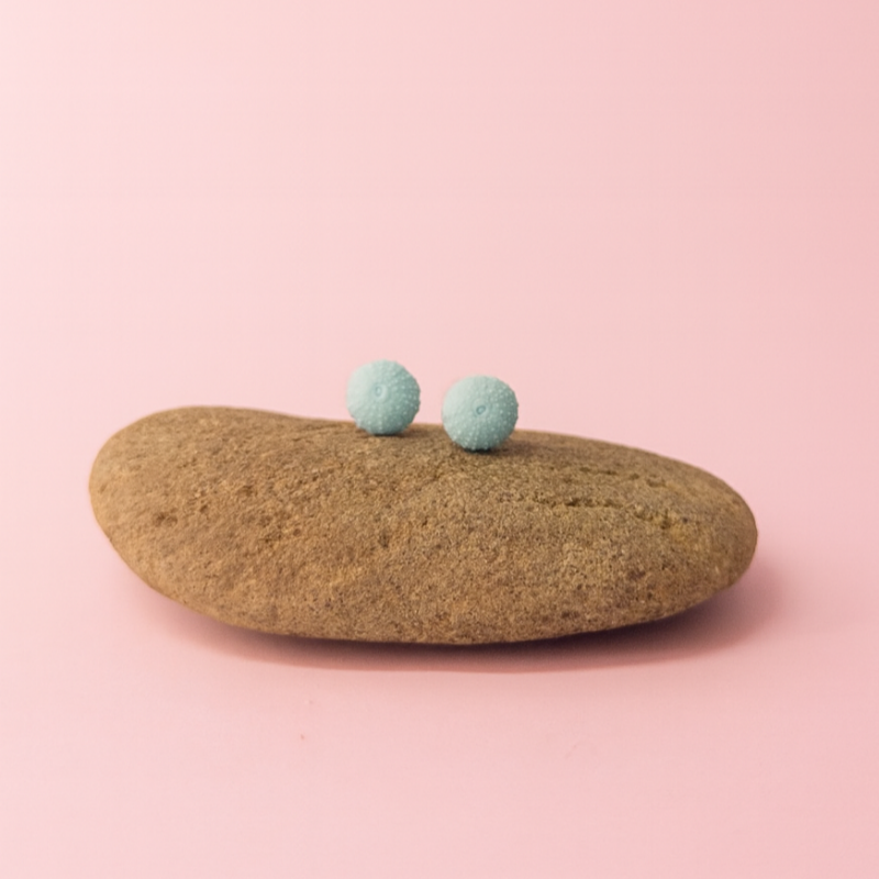 Minimalist ocean jewellery – porcelain urchin stud earrings on display prop