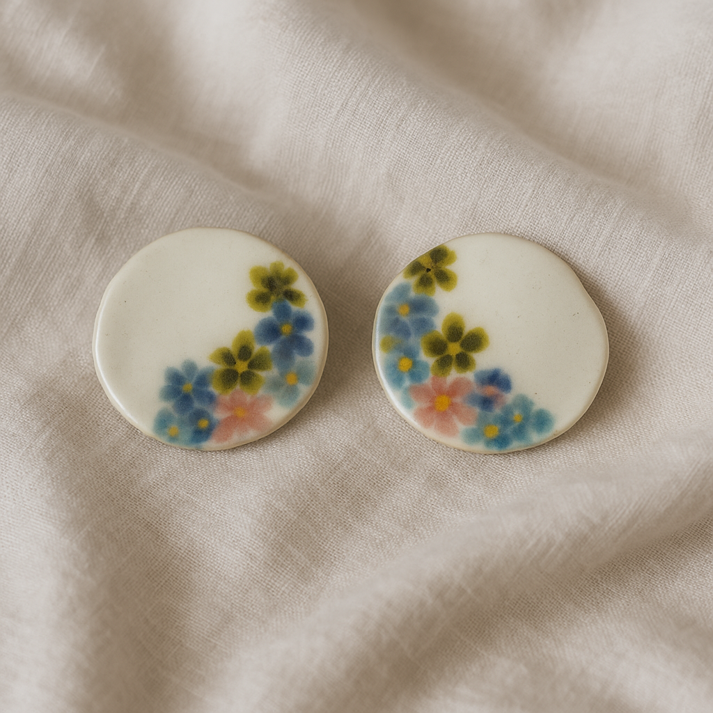 Round hand-painted porcelain earrings with pink, blue, and yellow floral designs on linen.