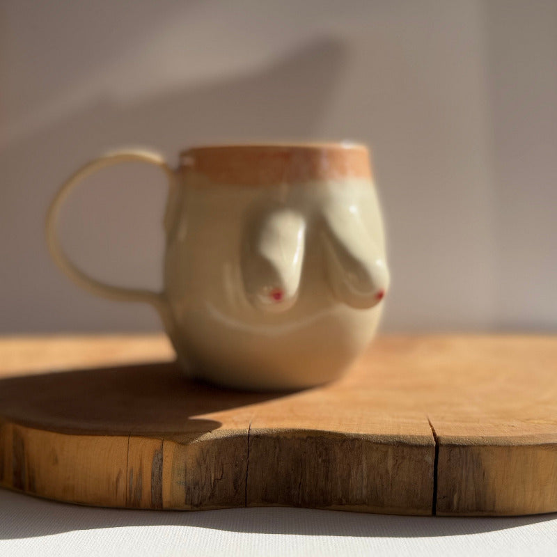 Handmade ceramic boobie cup with a natural glaze, designed in collaboration with Tash Robinson – 20% of sales donated to the Jane McGrath Foundation