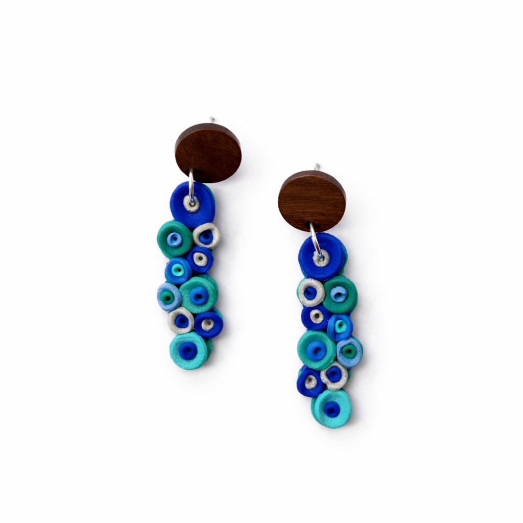 Blue and teal polymer clay cluster dangle earrings with wooden stud top