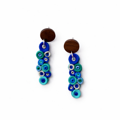 Blue and teal polymer clay cluster dangle earrings with wooden stud top