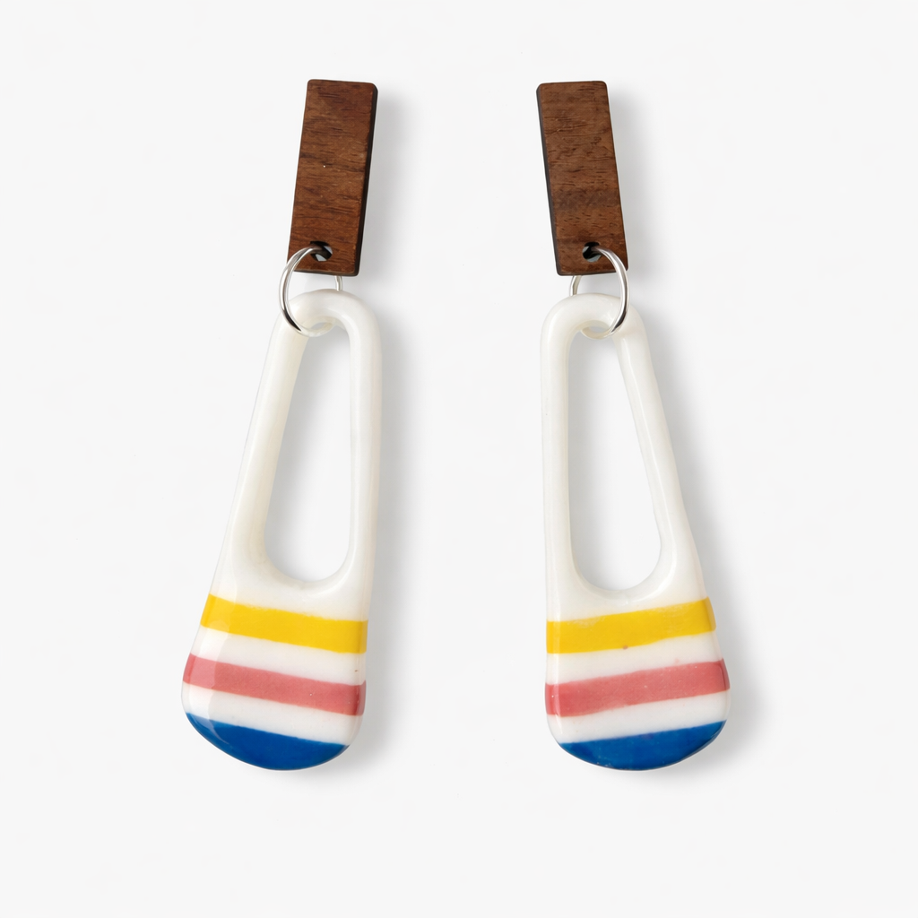 Bright striped sunrise drop earrings with wooden tops and lightweight statement design