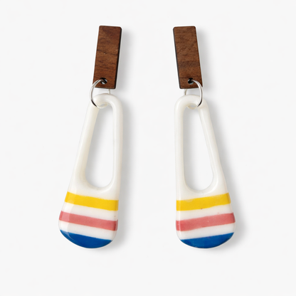 Bright striped sunrise drop earrings with wooden tops and lightweight statement design