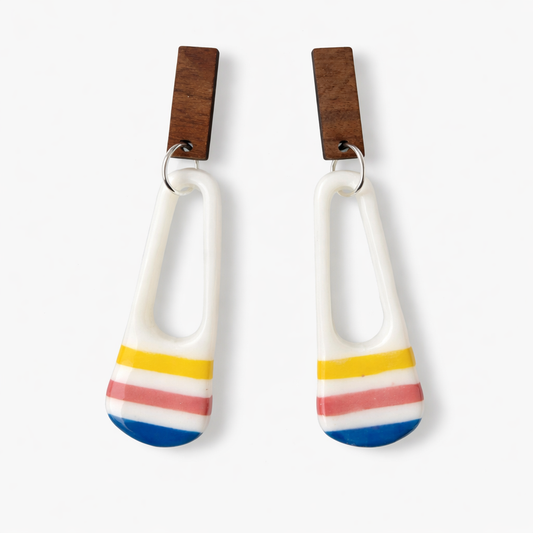 Bright striped sunrise drop earrings with wooden tops and lightweight statement design