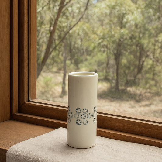 Porcelain vase, home-wares, handmade vase, porcelain vase with gum-nuts textured on it. 