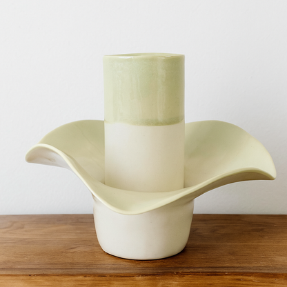 Porcelain Flower Vase and Tealight Candle Soft Green Hue
