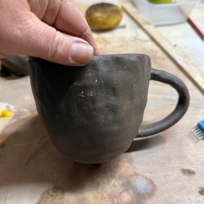 Handmade dark clay Father’s Day mug with personalised stamped message – Fields and Seas pottery