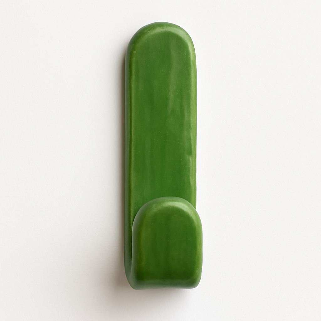 Green glazed ceramic wall hook on bathroom wall – part of the Colour Pop Collection.