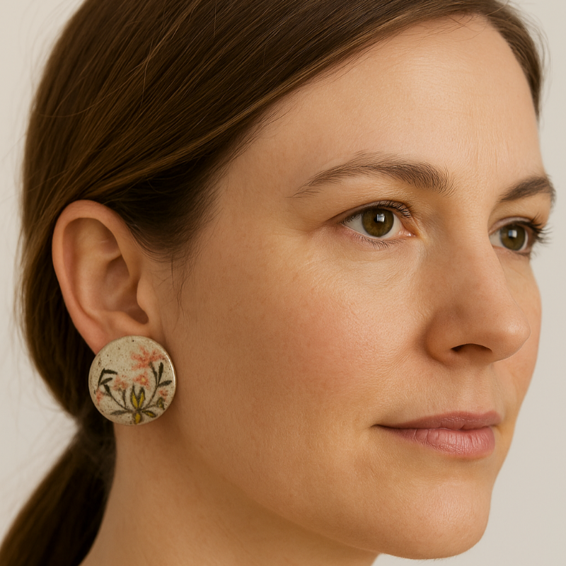 Pair of round handcrafted ceramic earrings painted with Australian gum leaves, blossoms, and gumnuts on speckled clay, 3.5 cm wide. on model