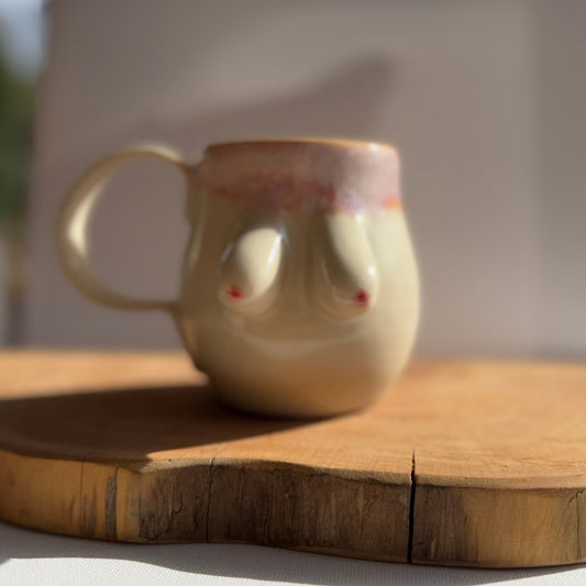 Handmade ceramic boobie cup with a natural glaze, designed in collaboration with Tash Robinson – 20% of sales donated to the Jane McGrath Foundation