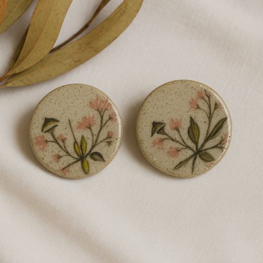 Pair of round handcrafted ceramic earrings painted with Australian gum leaves, blossoms, and gumnuts on speckled clay, 3.5 cm wide.