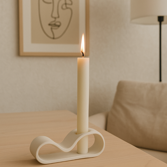 Sculptural white porcelain candle holder with taper candle, styled on a timber surface against a white background.