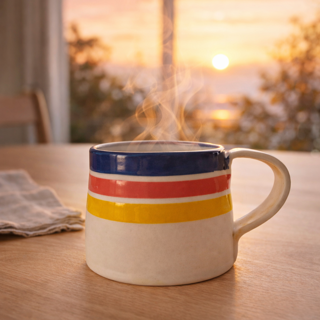 Colorful striped mug on a wooden table with a sunset view through the window.