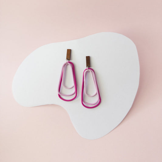 Ocean Flow handmade pink monochrome polymer clay dangle earrings with wooden stud