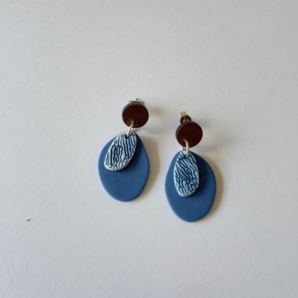 Blue and white porcelain coral textured dangle earrings — handmade on Phillip Island, Australia. Each pair is unique and ocean-inspired.