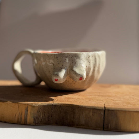 Handmade ceramic boobie cup with a natural glaze, designed in collaboration with Tash Robinson – 20% of sales donated to the Jane McGrath Foundation