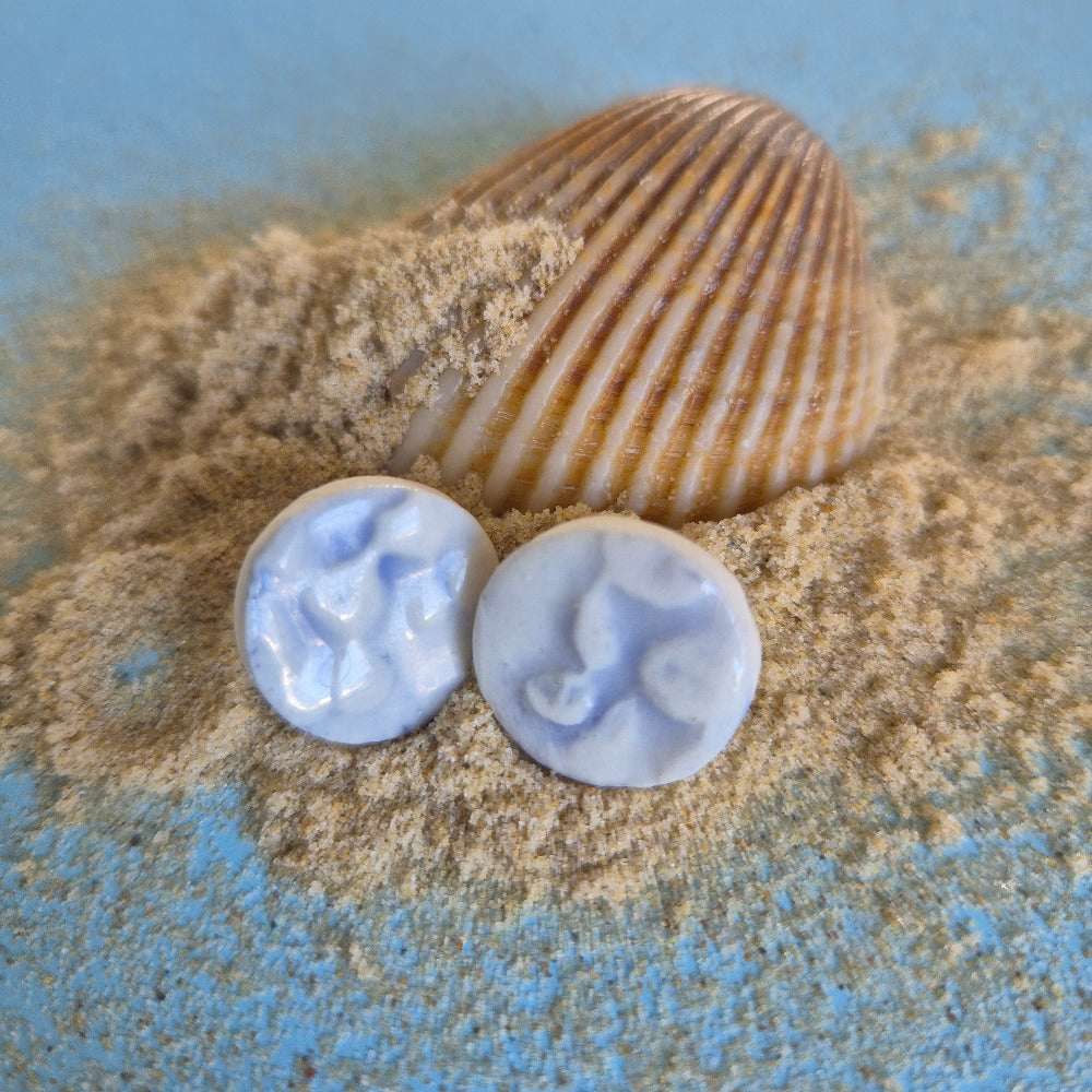 Cait wearing seaweed bobble studs in blue. Porcelain studs. 