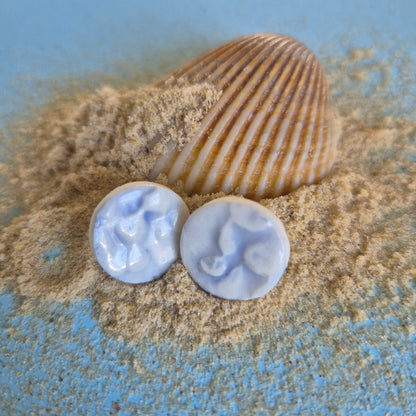 Cait wearing seaweed bobble studs in blue. Porcelain studs. 