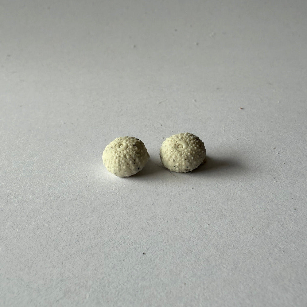 Speckled clay sea urchin earrings – small coastal studs for adults and kids