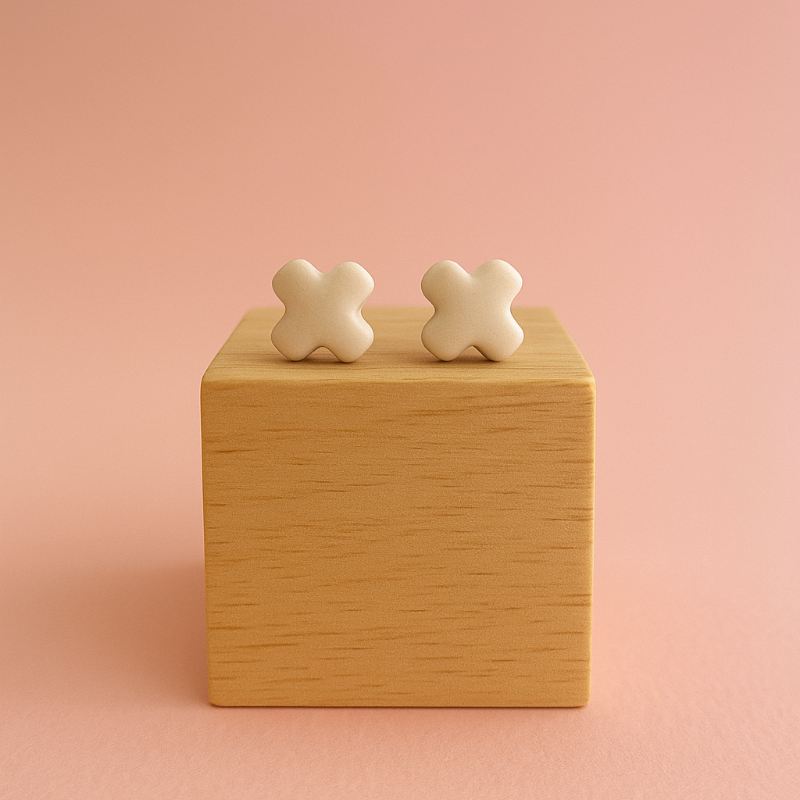A pair of Tide + Form white porcelain cross stud earrings with a glossy finish, handcrafted and displayed on a clean background.