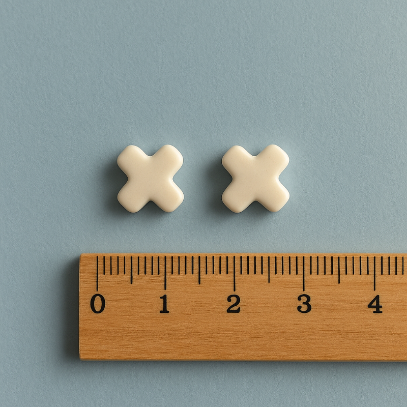 A pair of Tide + Form white porcelain cross stud earrings with a glossy finish, handcrafted and displayed on a clean background with a ruler.