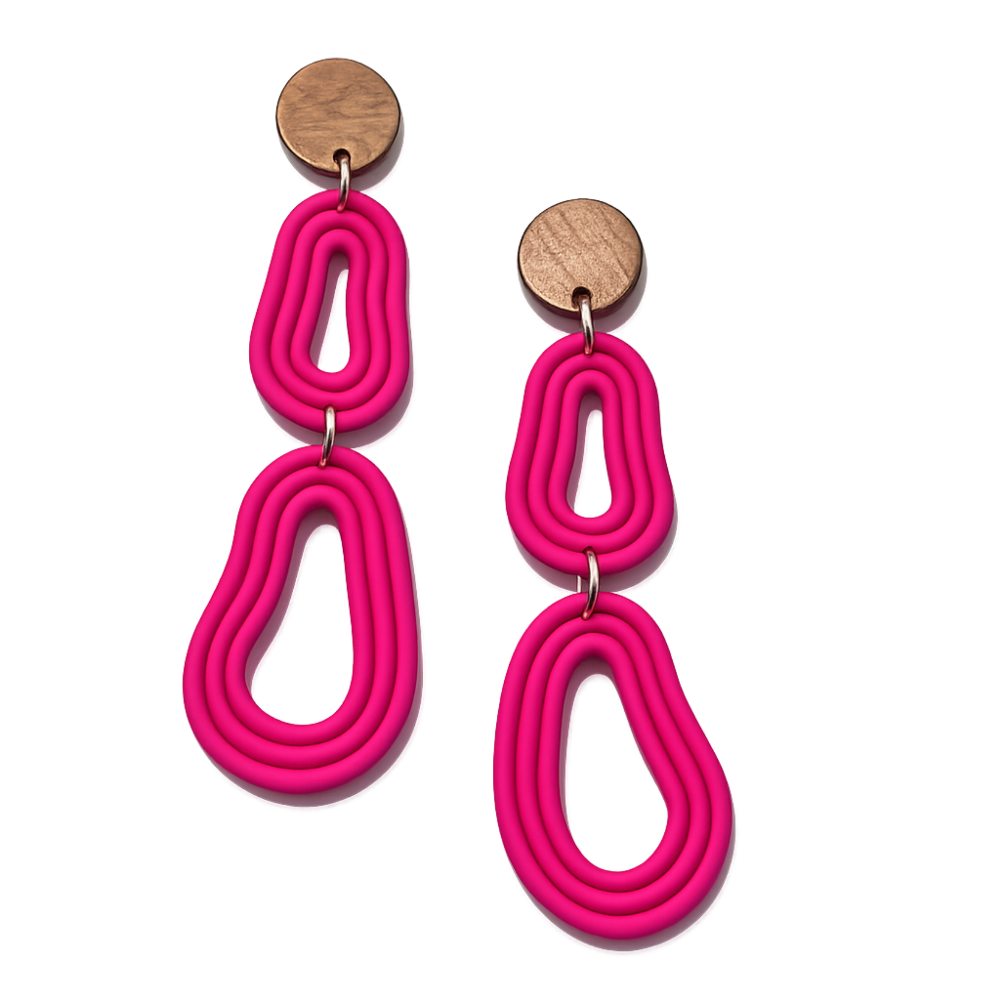 Bright organic polymer clay dangle earrings with timber studs in multiple bold colours on a white background. 20% of sales goes to the McGrath Foundation